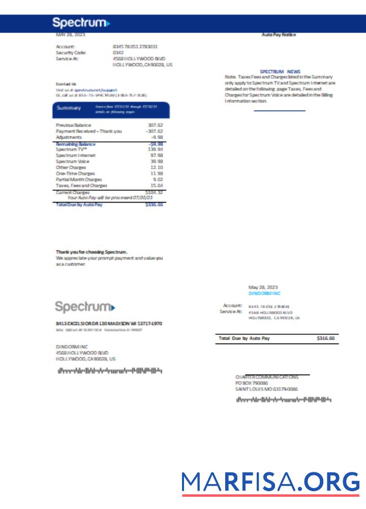 Downloadable Spectrum utility business bill SCR download for verification